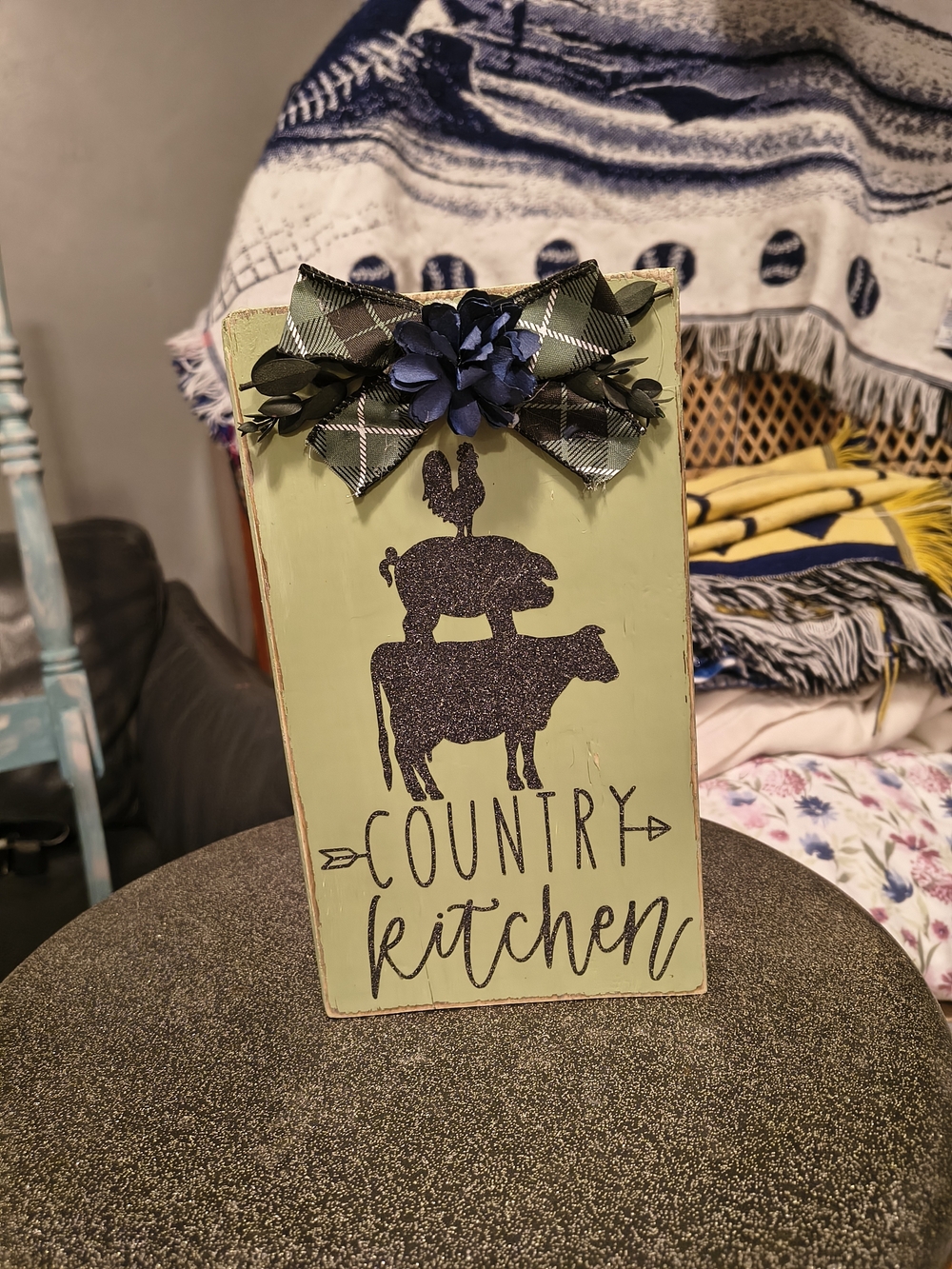 Country Kitchen Green Rustic Wood Sign with Plaid Bow